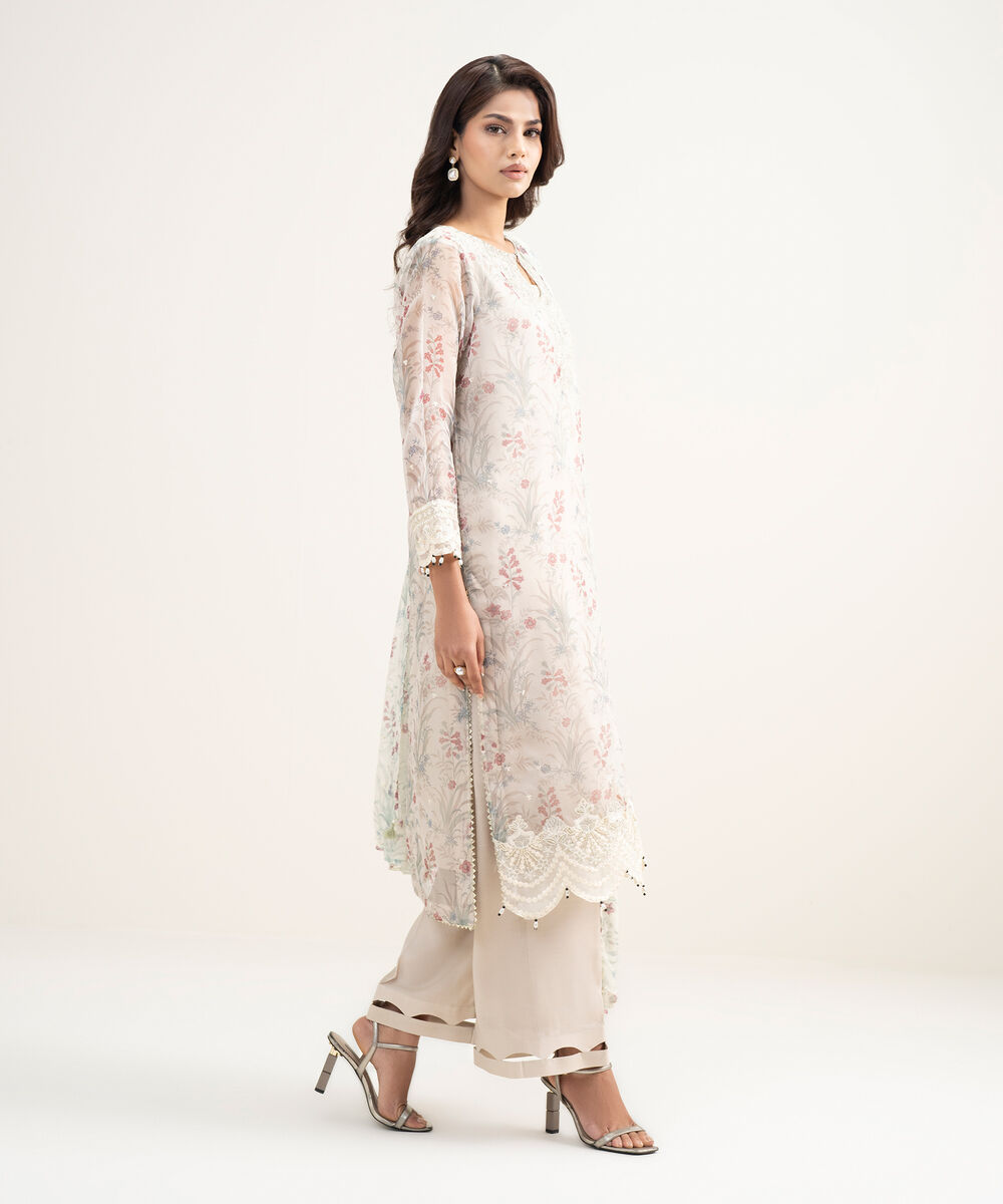 Women's RTW Blended Organza Embroidered Beige 3 Piece Suit