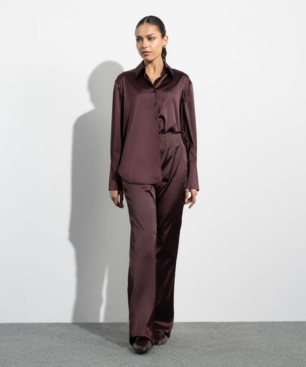 Women's Western Maroon Wide Leg Satin Trousers