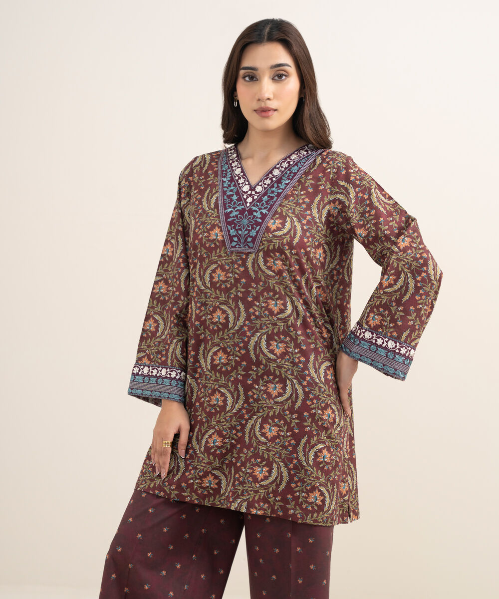 Women's RTW Dobby Embroidered Maroon 2 Piece Suit