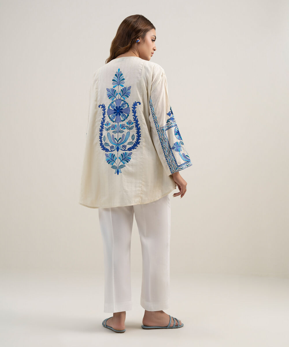 Women's RTW Dobby Embroidered Off White Drop Shoulder Shirt