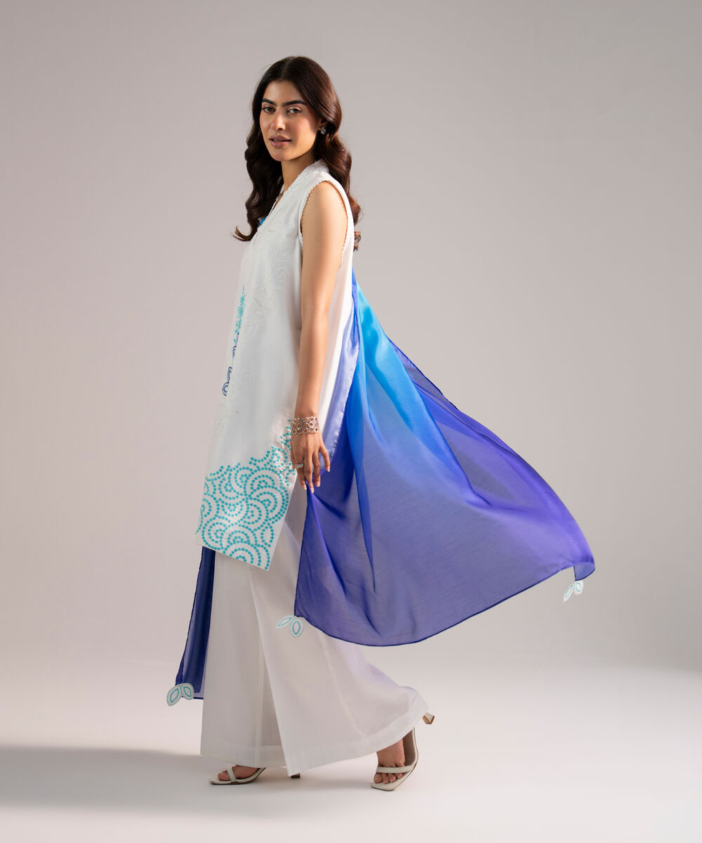 Women's RTW Cotton Satin Embroidered White 2 Piece Suit