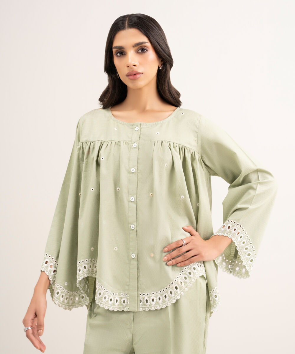 Women's RTW Dobby Embroidered Green Straight Shirt