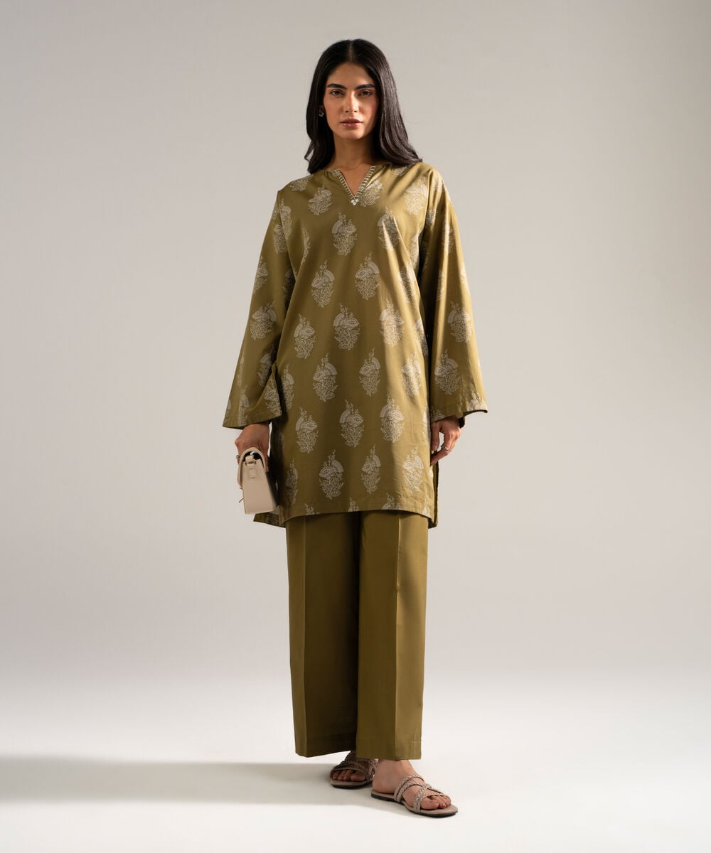 Women's RTW Lawn Printed Green Straight Shirt
