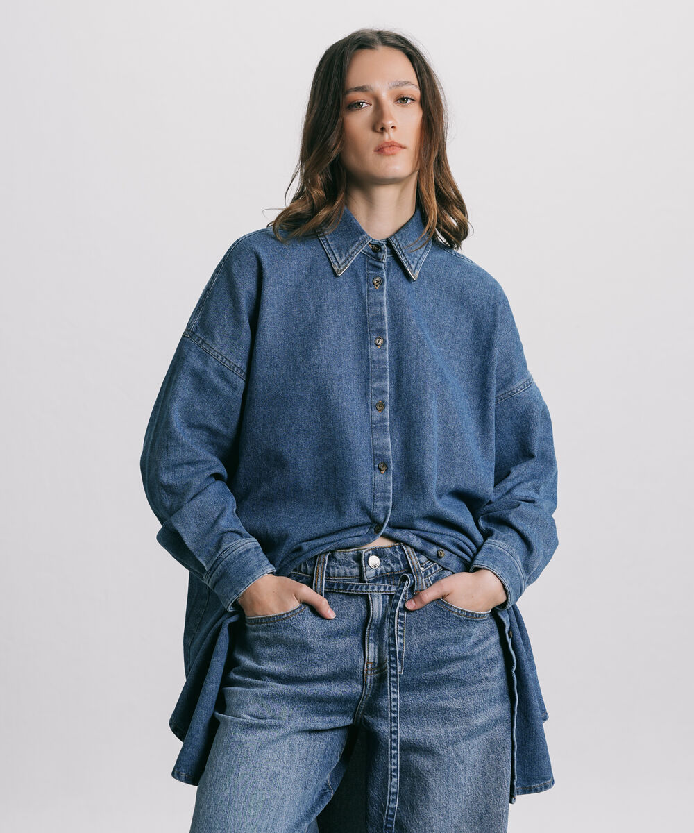 Women's Western Wear Blue Oversized Denim Shirt
