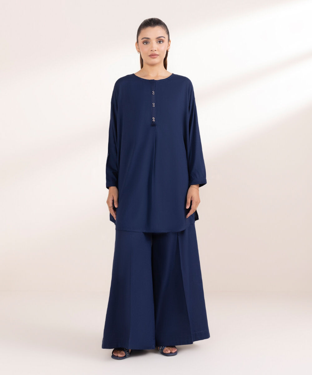 Woman - Blue Solid Arabic Lawn Shirt