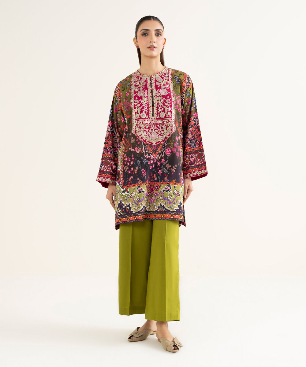 Women's RTW Linen Viscose Embroidered Green Drop Shoulder Shirt