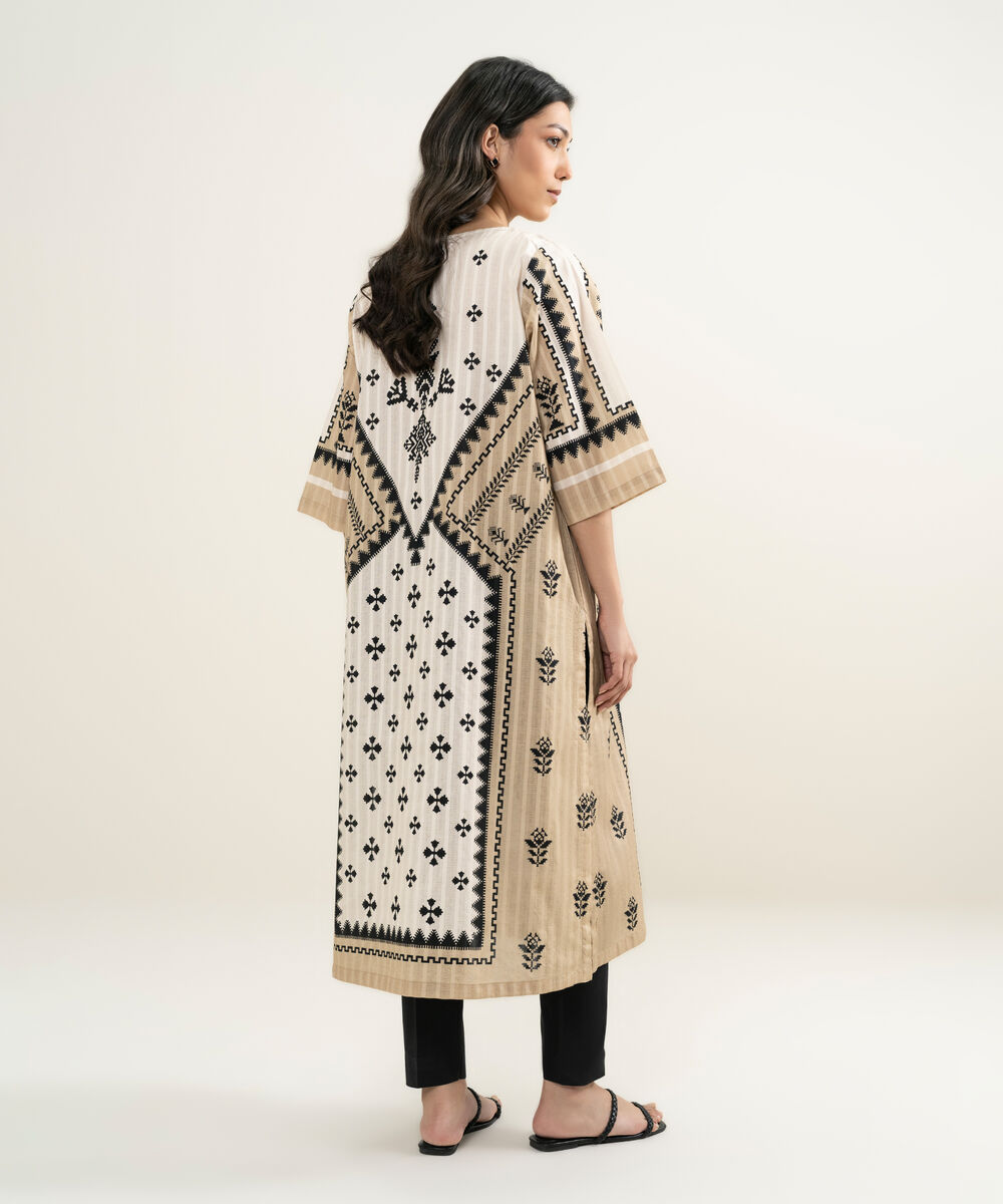 Women's RTW Textured Cotton Printed Beige A-Line Shirt