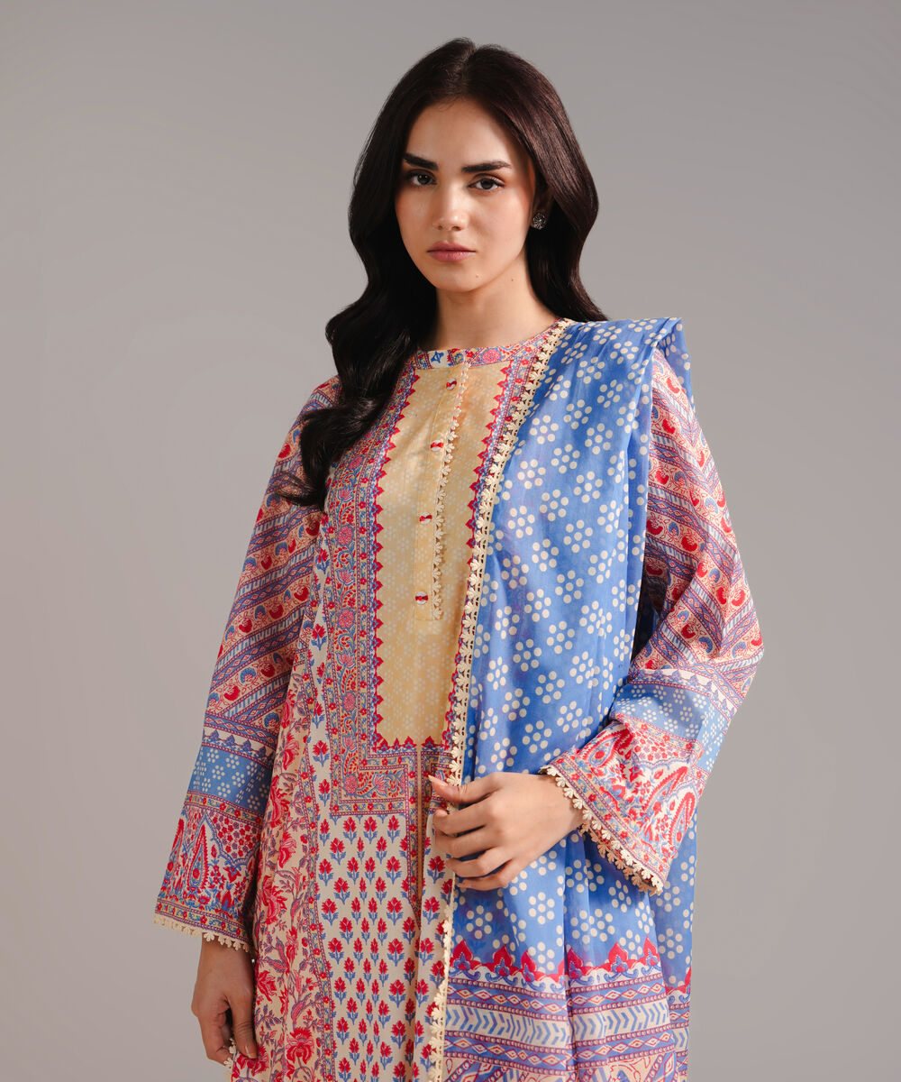 Women's RTW Lawn Printed Pale Yellow 3 Piece Suit