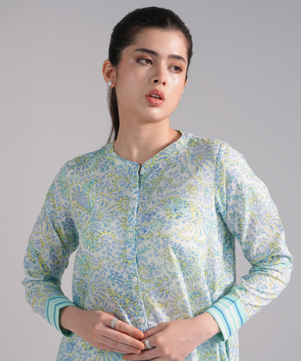 Women's RTW Slub Lawn Printed Blue Straight Shirt