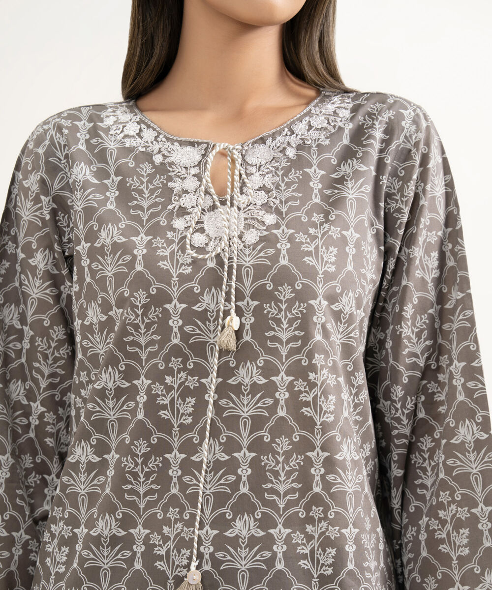 Women's RTW Lawn Embroidered Grey Straight Shirt