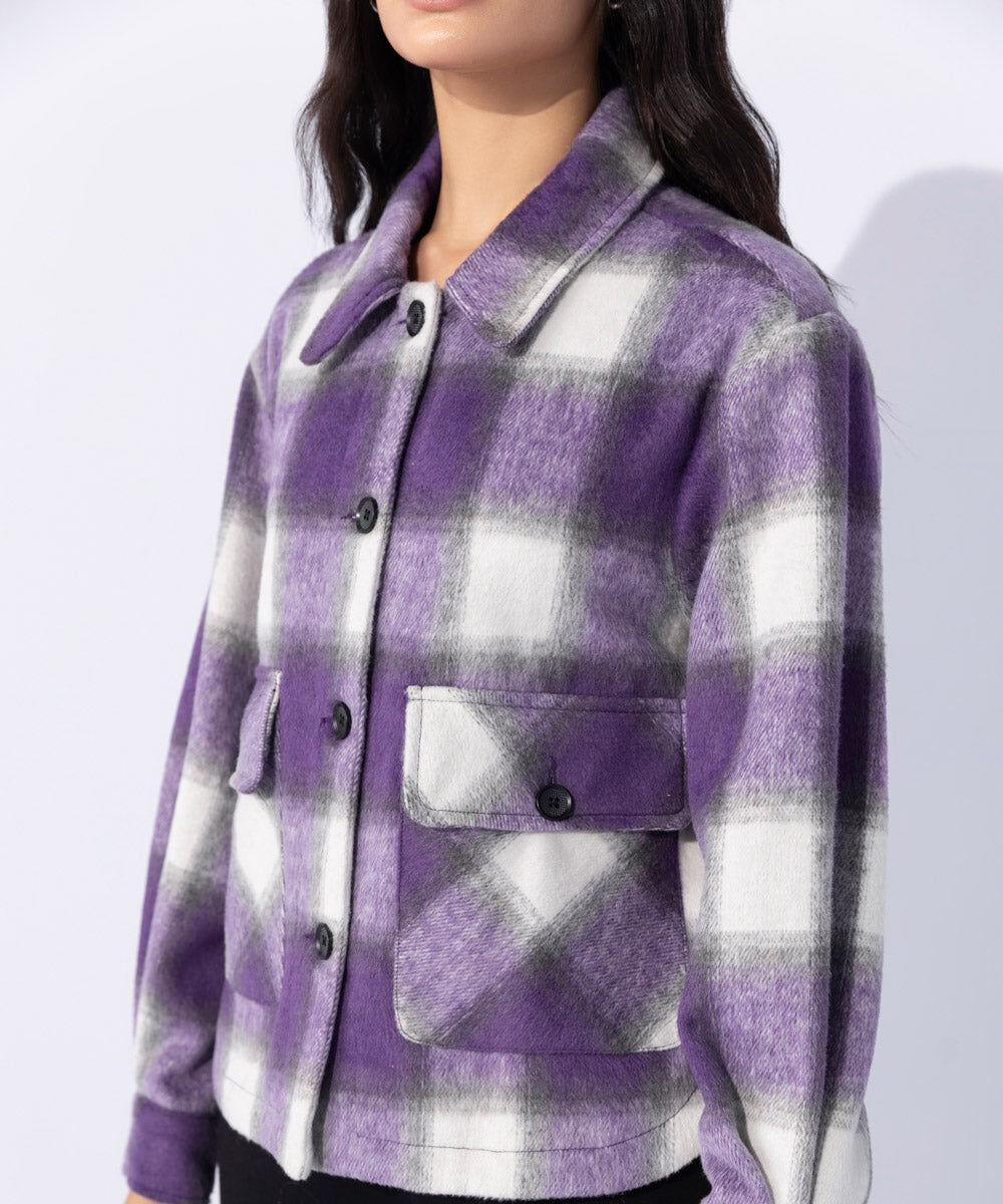 Woman - Purple Fuzzy Checkered Overshirt