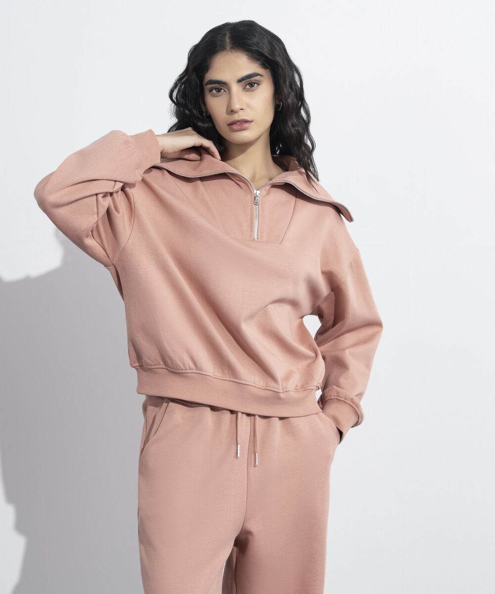 Women's Western Wear Pink Ribbed Neck Sweatshirt