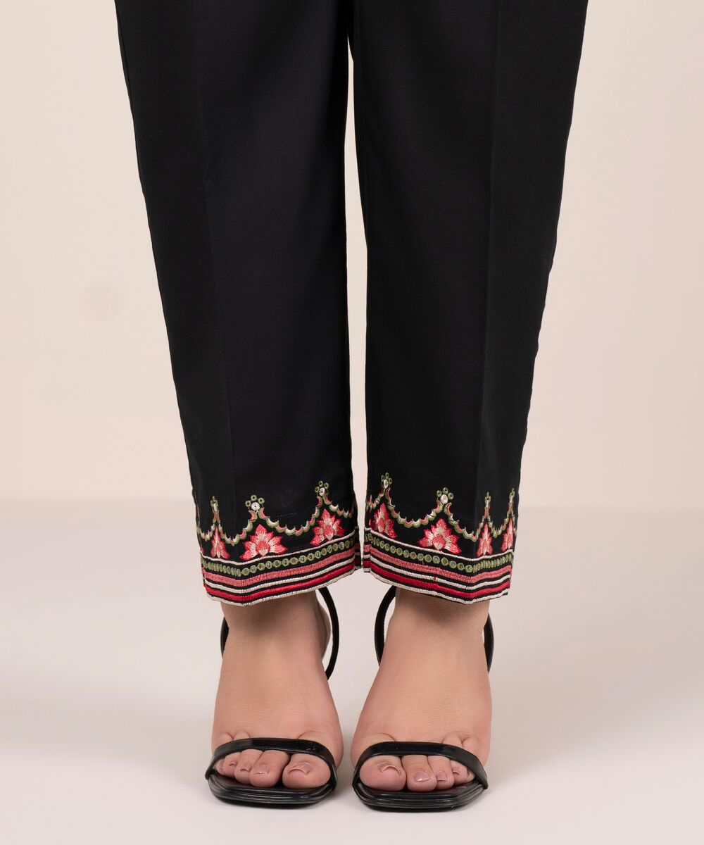 Women's RTW Cambric Embroidered Black Straight Pants