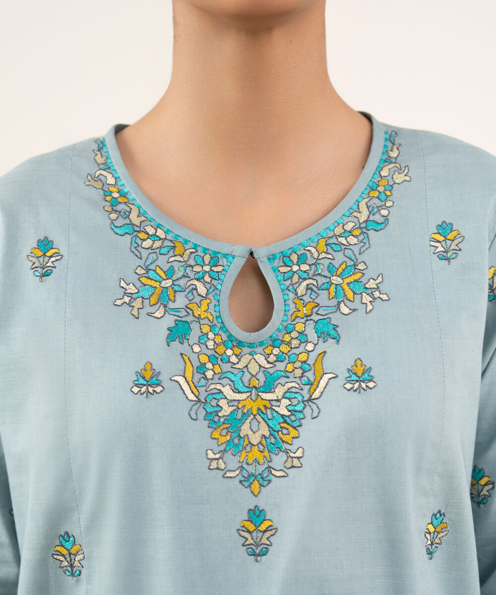 Women's Unstitched Textured Cotton Embroidered Blue 2 Piece Suit