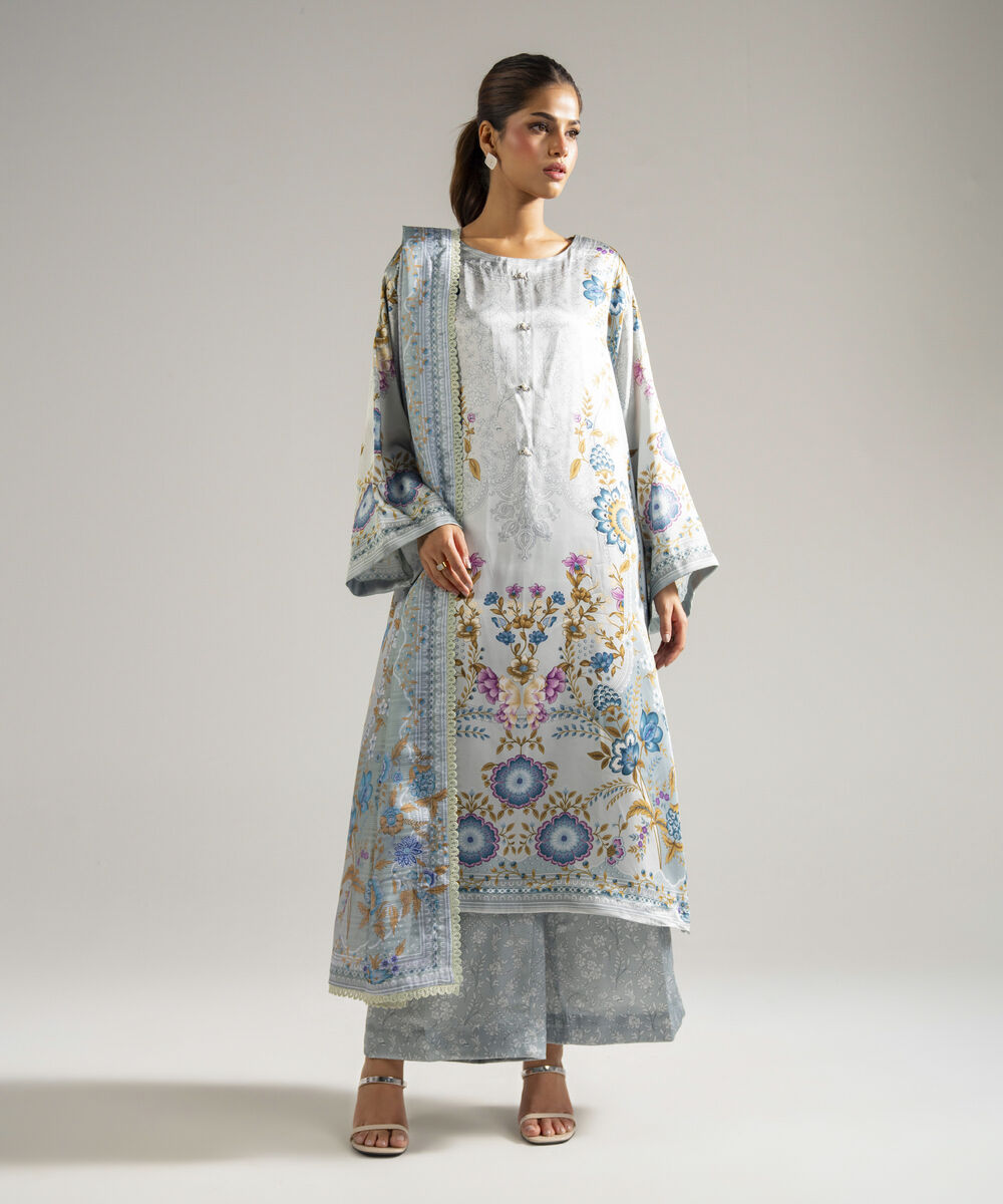 Women's RTW Blended Satin Printed Grey 3 Piece Suit