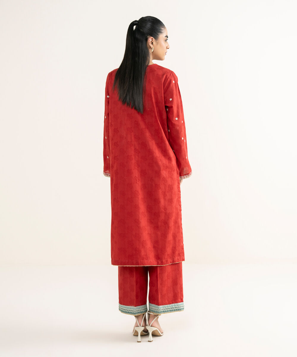 Women's RTW Self Jacquard Embroidered Red Straight Shirt