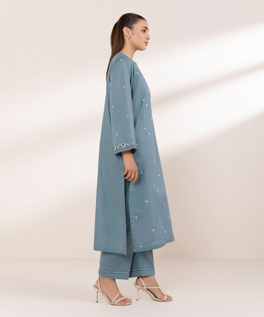Women's RTW Textured Lawn Blue Embroidered A-Line Shirt