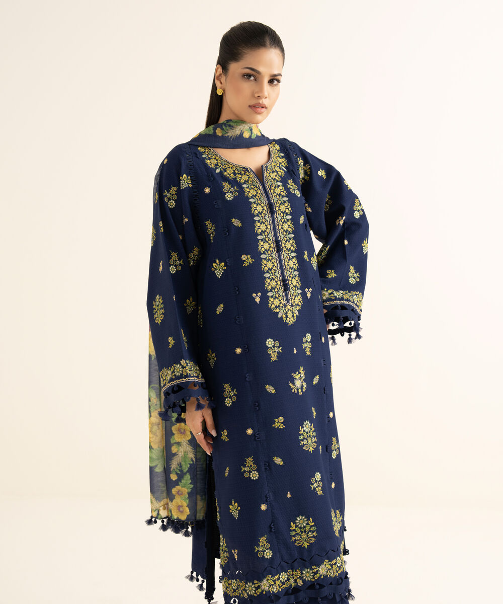 Women's Unstitched Dobby Embroidered Blue 3 Piece Suit