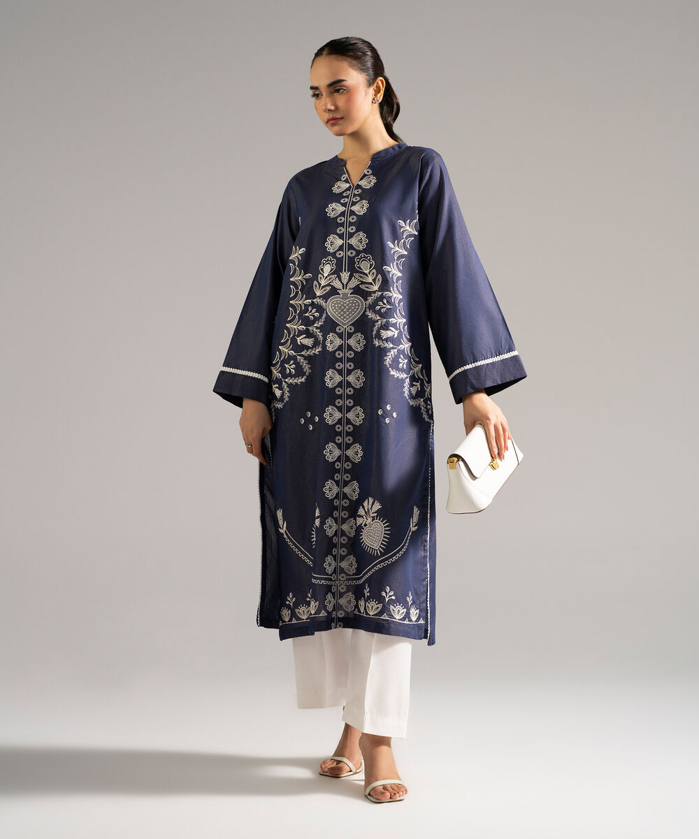 Women's RTW Zari Lawn Embroidered Blue Straight Shirt