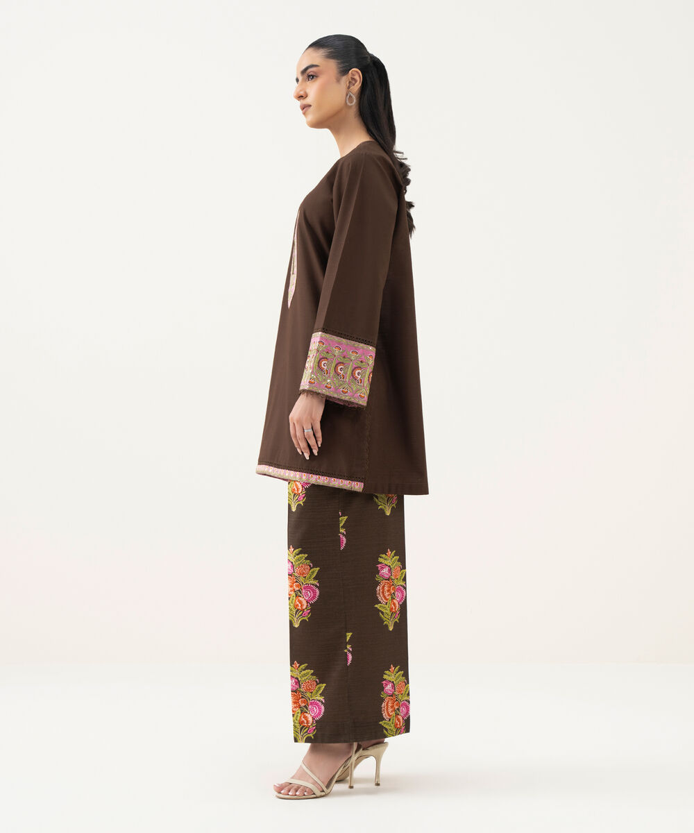 Women's RTW Cambric Embroidered Brown Straight Shirt