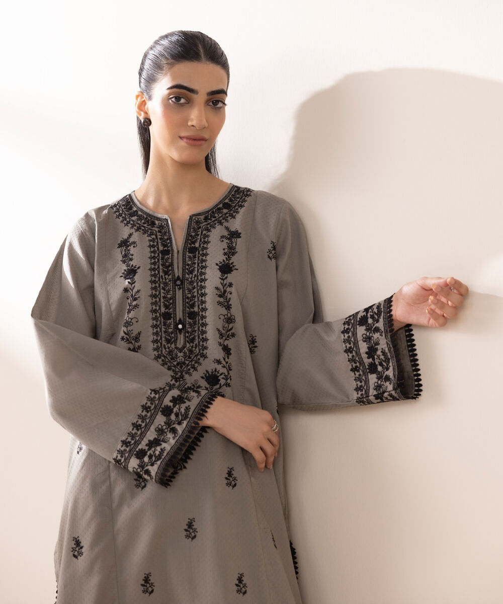 Women's RTW Dobby Grey Embroidered A-Line Shirt