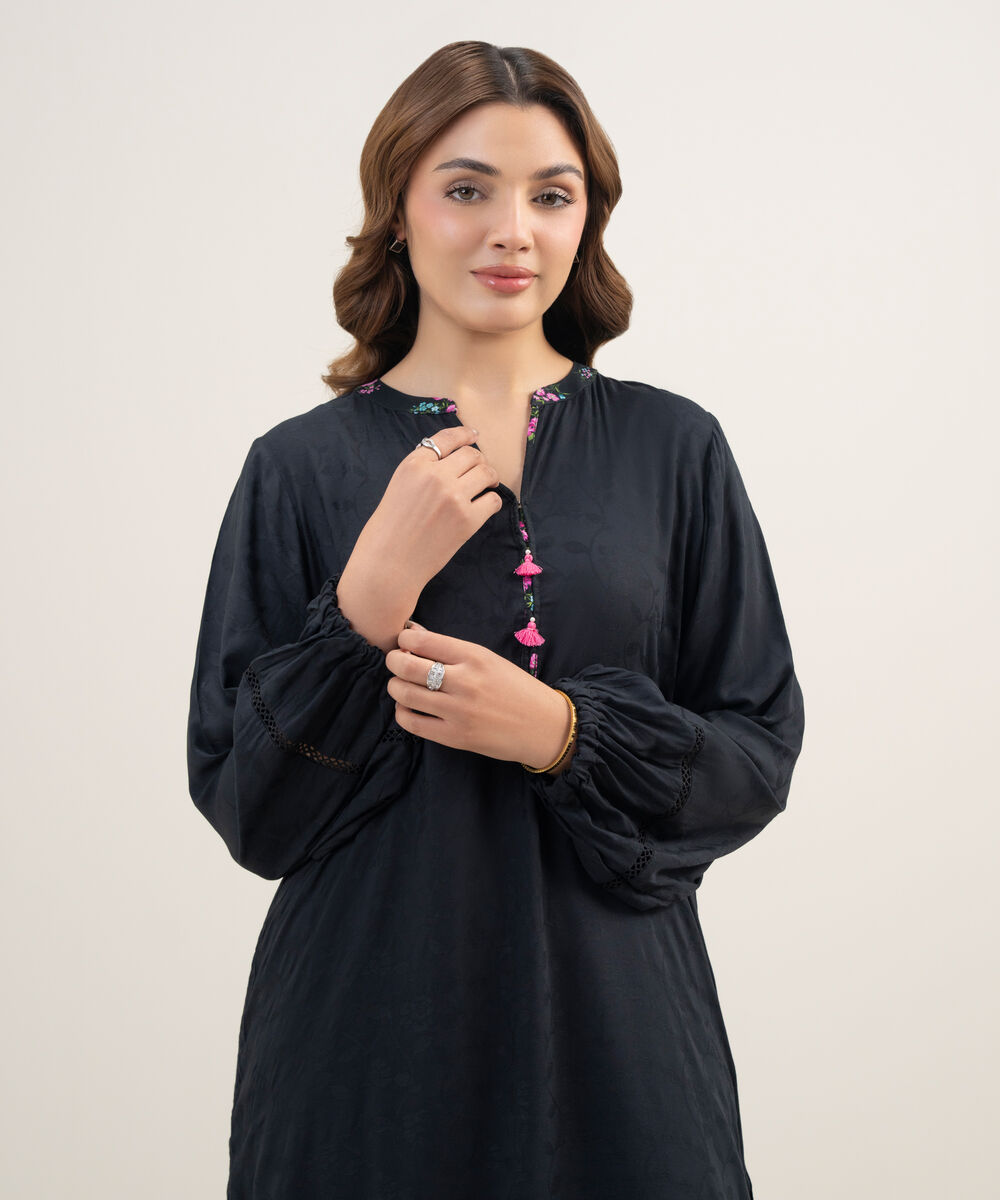 Women's RTW Arabic Self Jacquard Solid Black Straight Shirt