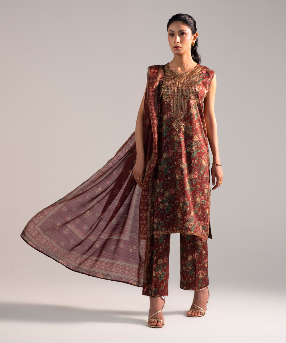 Women's Stitched for You Lawn Red Embroidered 3 Piece Suit