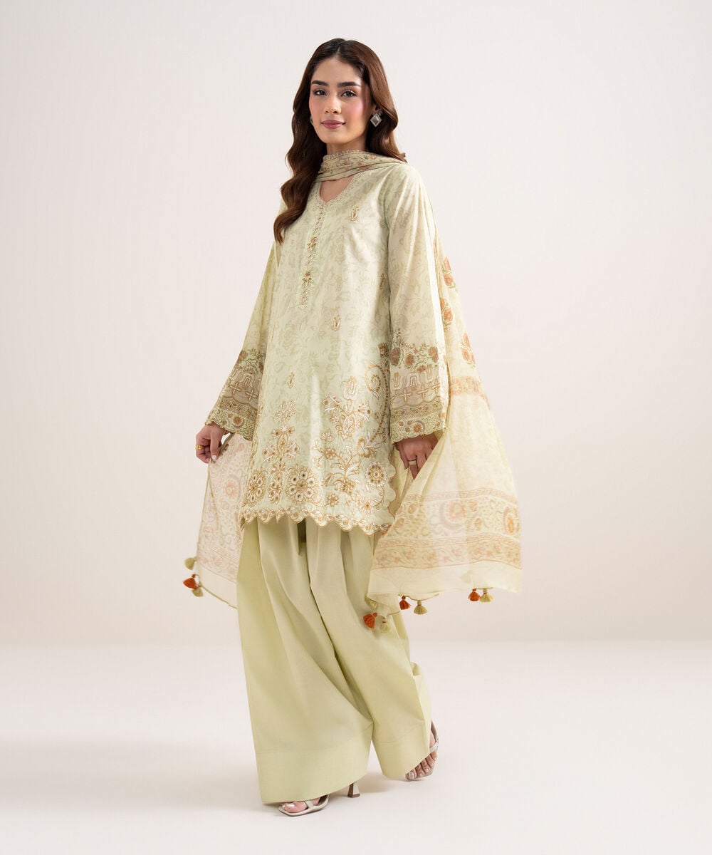 Women's Unstitched Lawn Embroidered Green 3 Piece Suit