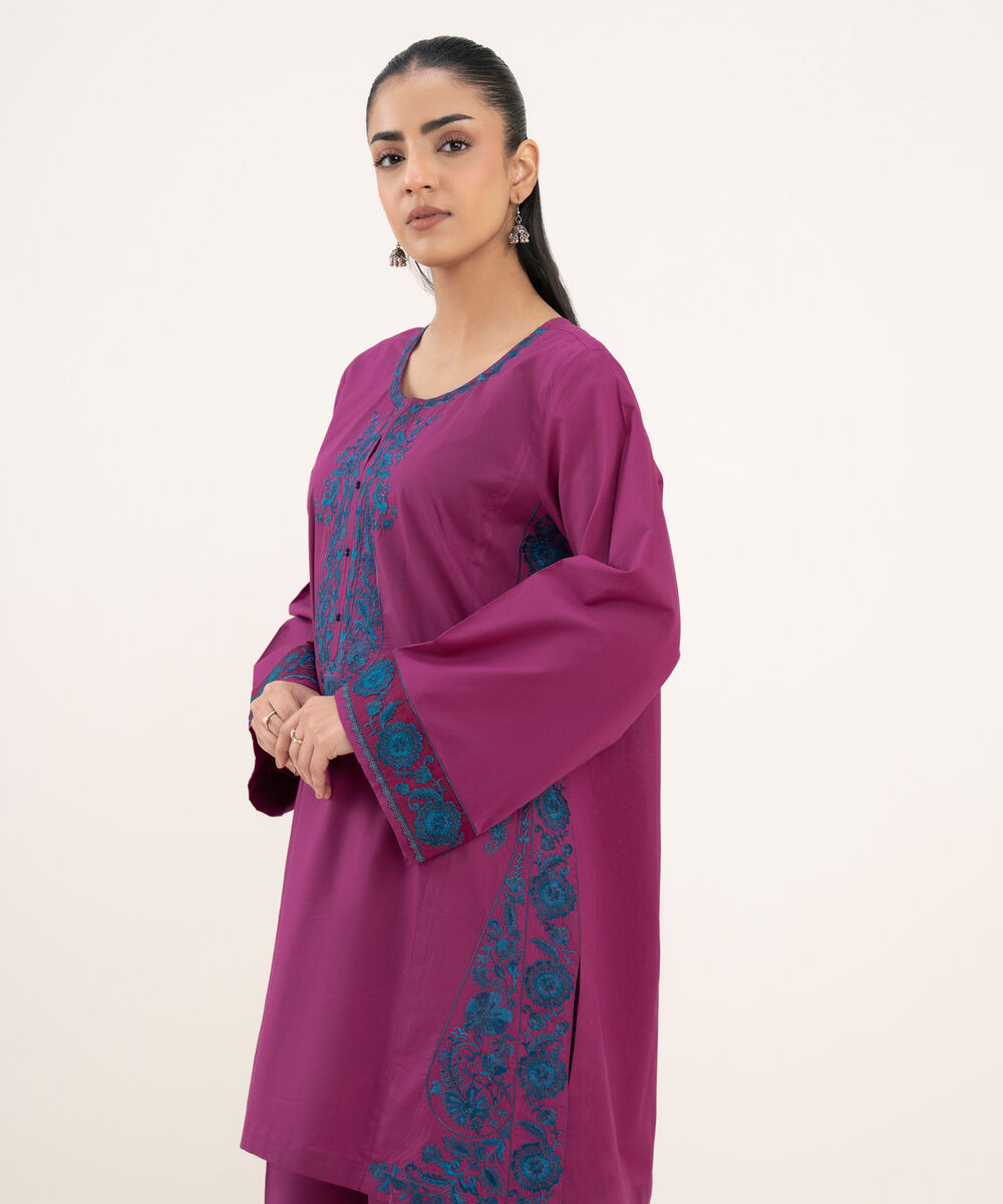 Women's RTW Cotton Embroidered A-Line Pink Shirt