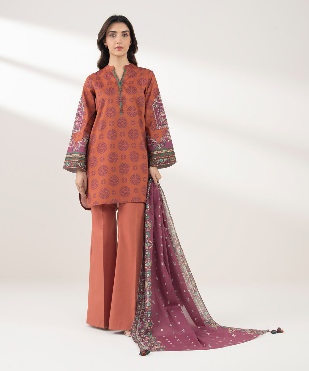 Women's Unstitched Cotton Printed Orange 3 Piece Suit