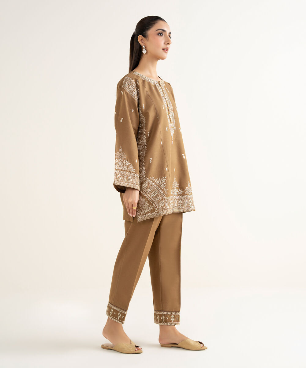 Women's RTW Khaddar Embroidered Brown Straight Shirt