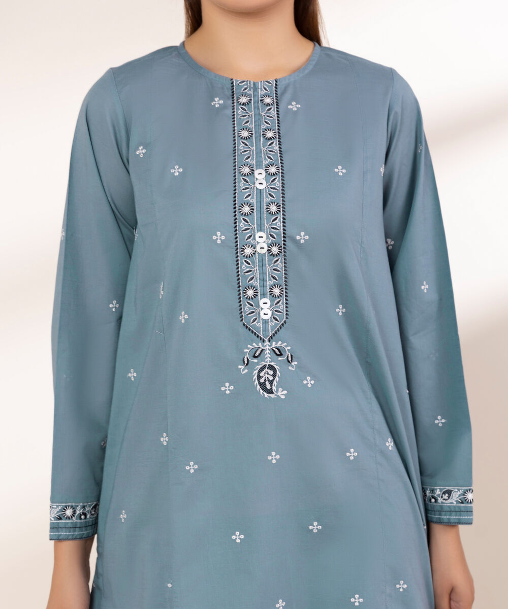 Women's RTW Textured Lawn Blue Embroidered A-Line Shirt