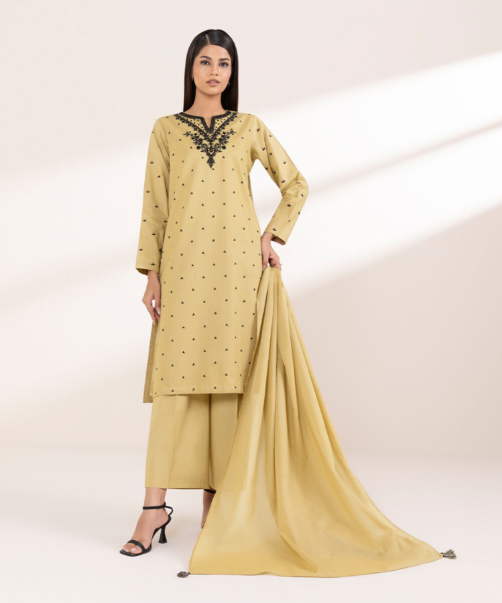 Women's RTW Dobby Beige Embroidered A-Line Shirt