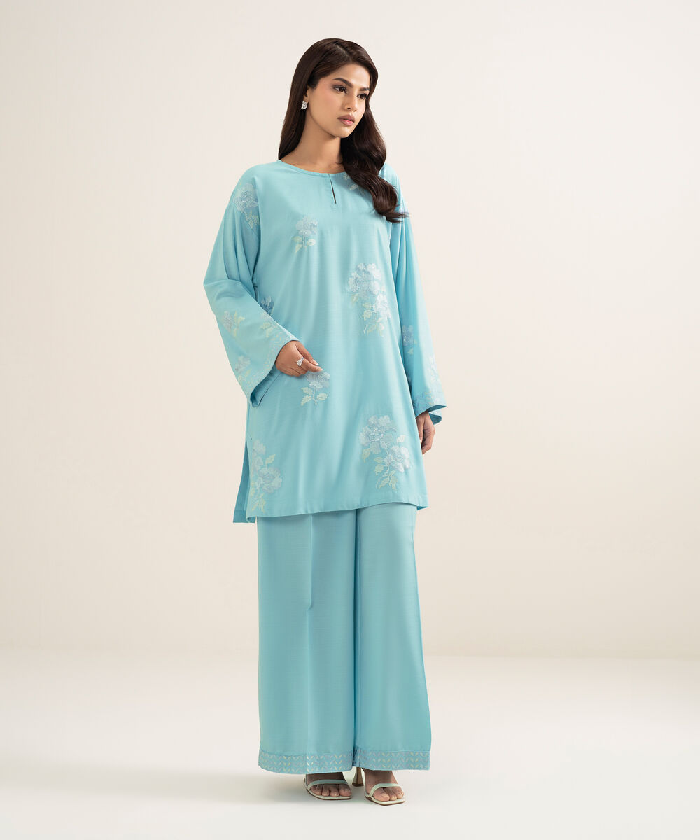 Women's RTW Cotton Viscose Embroidered Blue Straight Shirt