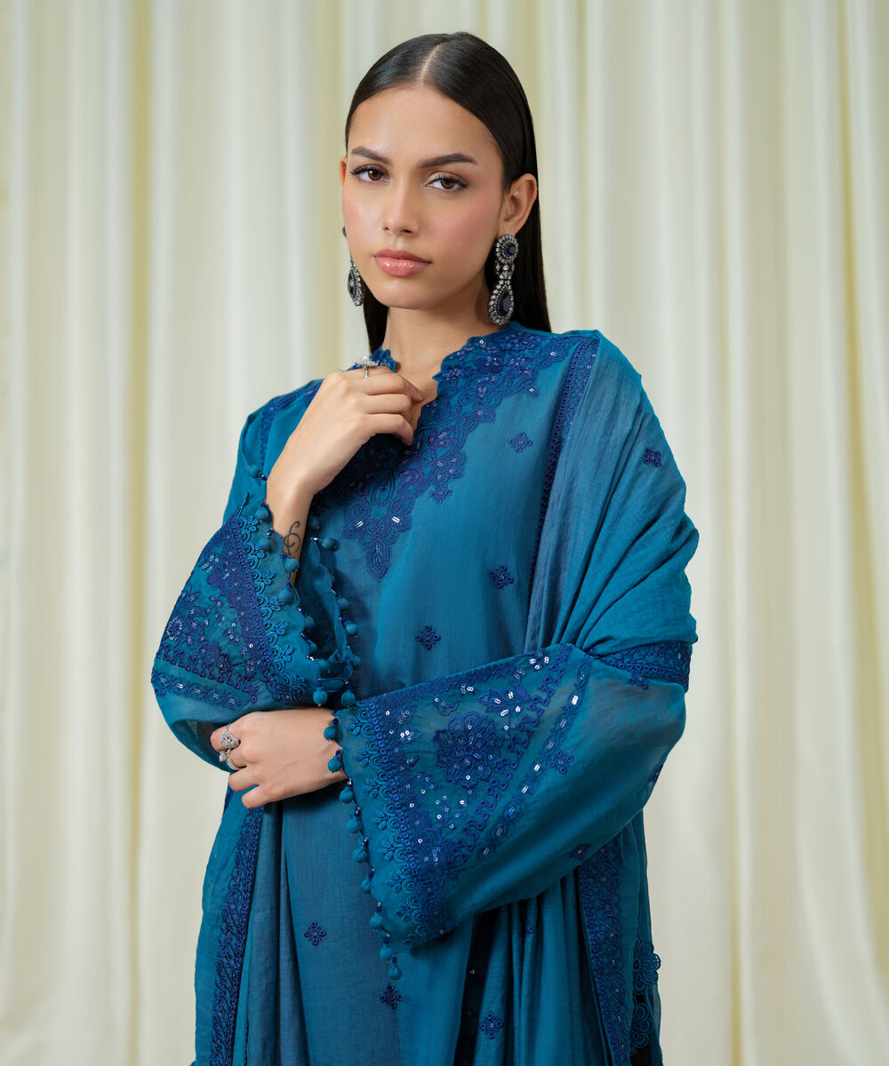 Women's Unstitched Blended Muslin Embroidered Blue 3 Piece Suit