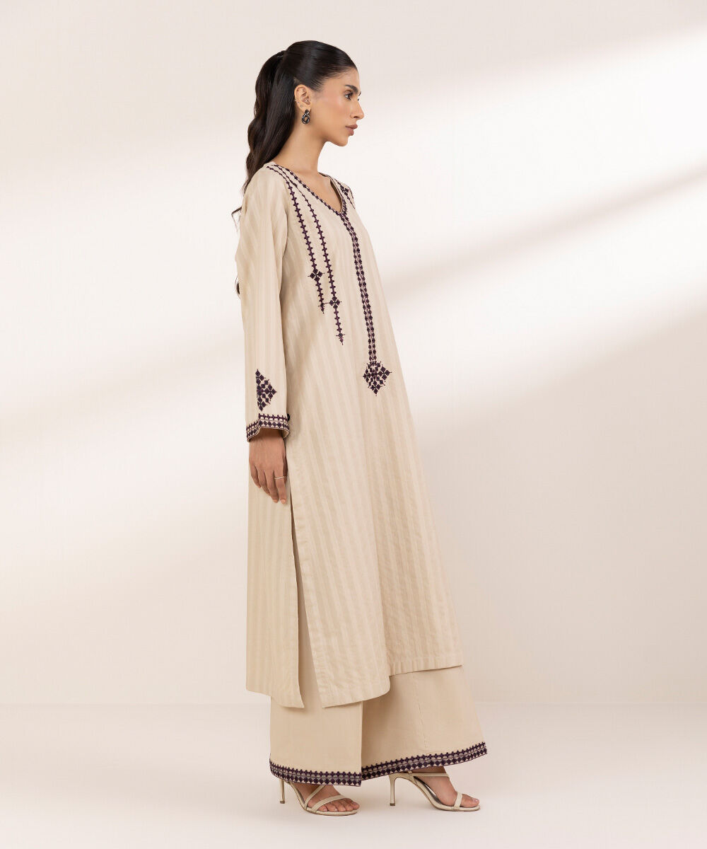 Women's RTW Textured Cotton Beige Embroidered A-Line Shirt