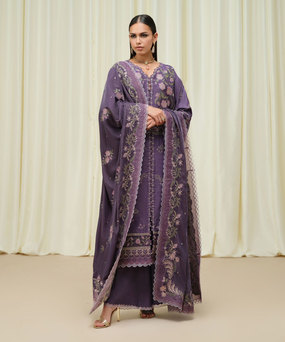 Women's Unstitched Raw Silk Embroidered Purple 3 Piece Suit