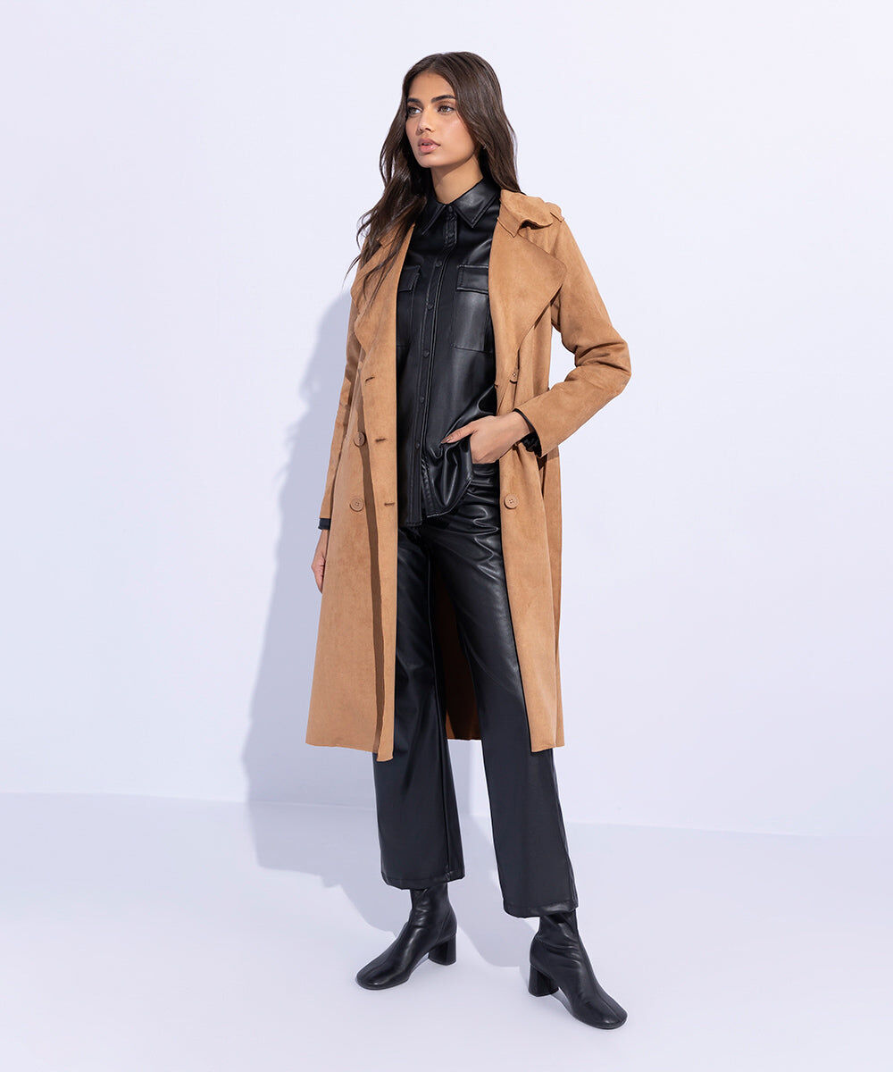 Woman - Brown Suede Trench Coat with Belt