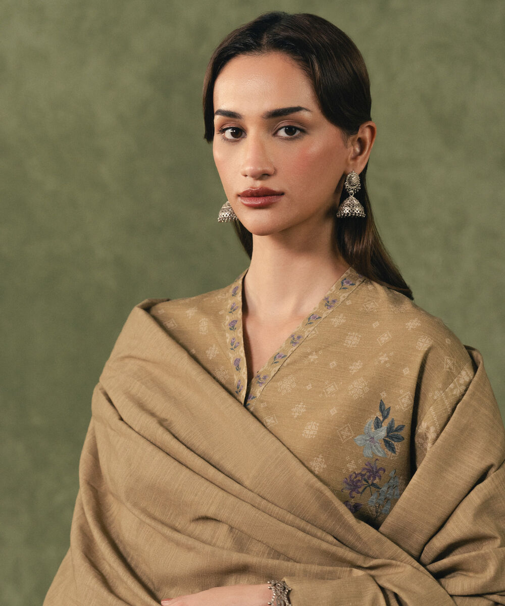 Women's Unstitched Cotton Printed Brown 3 Piece Suit