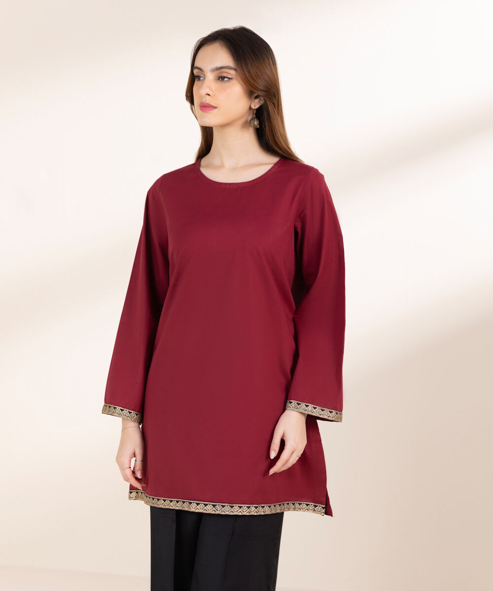 Women's Pret Cambric Maroon Embroidered Front Open Jacket