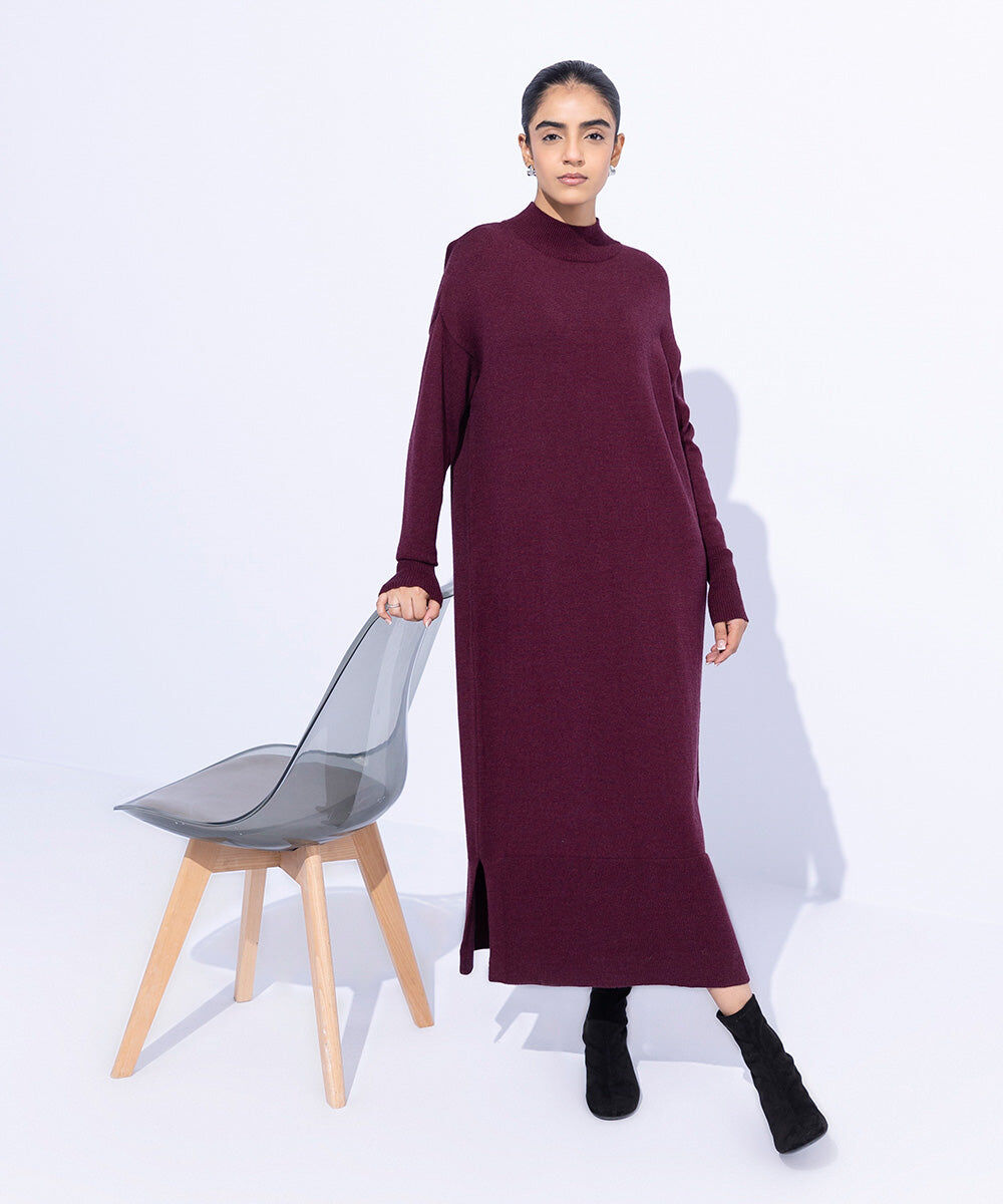 Woman - Red Long Sweater Knit Dress