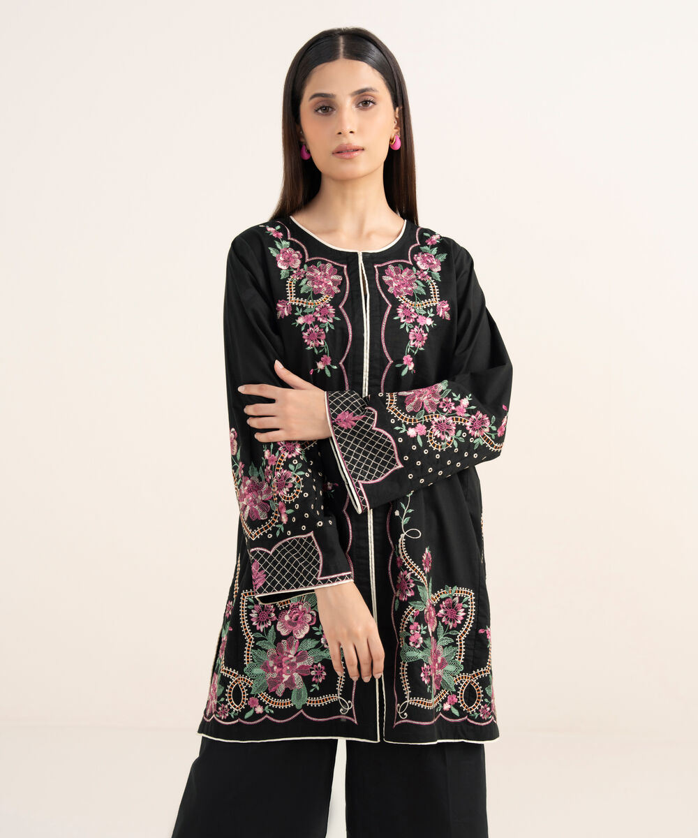Women's RTW Textured Lawn Black Embroidered A-Line Shirt