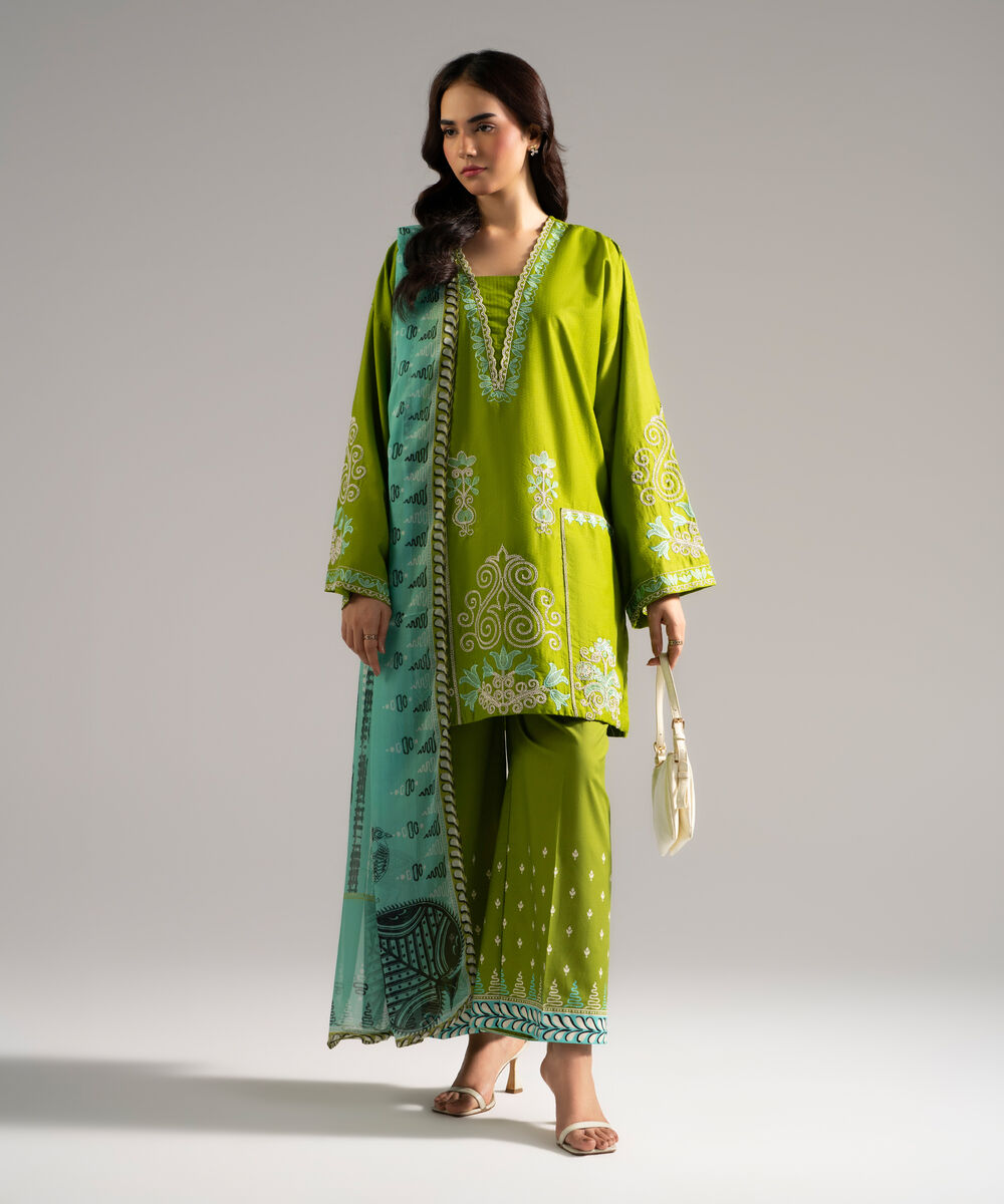 Women's RTW Dobby Embroidered Green 3 Piece Suit
