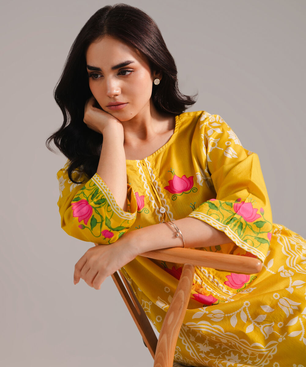 Women's RTW Cambric Printed Yellow Straight Shirt