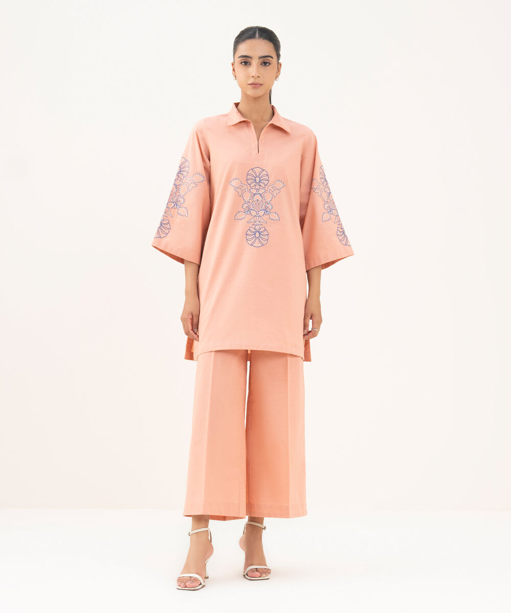 Women's RTW Textured Cotton Pink Embroidered Boxy Shirt