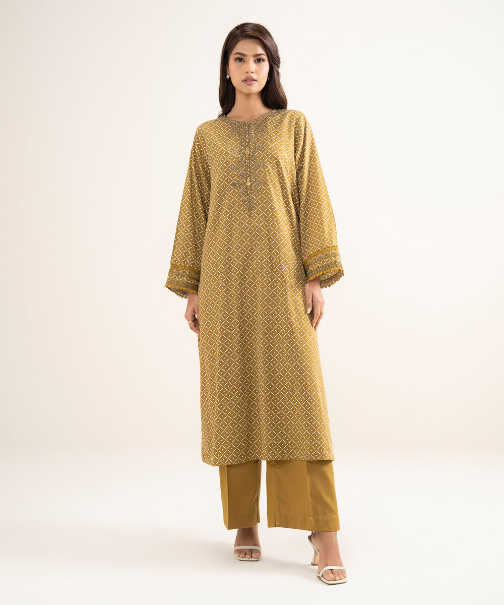 Women's RTW Lawn Embroidered Brown A-Line Shirt