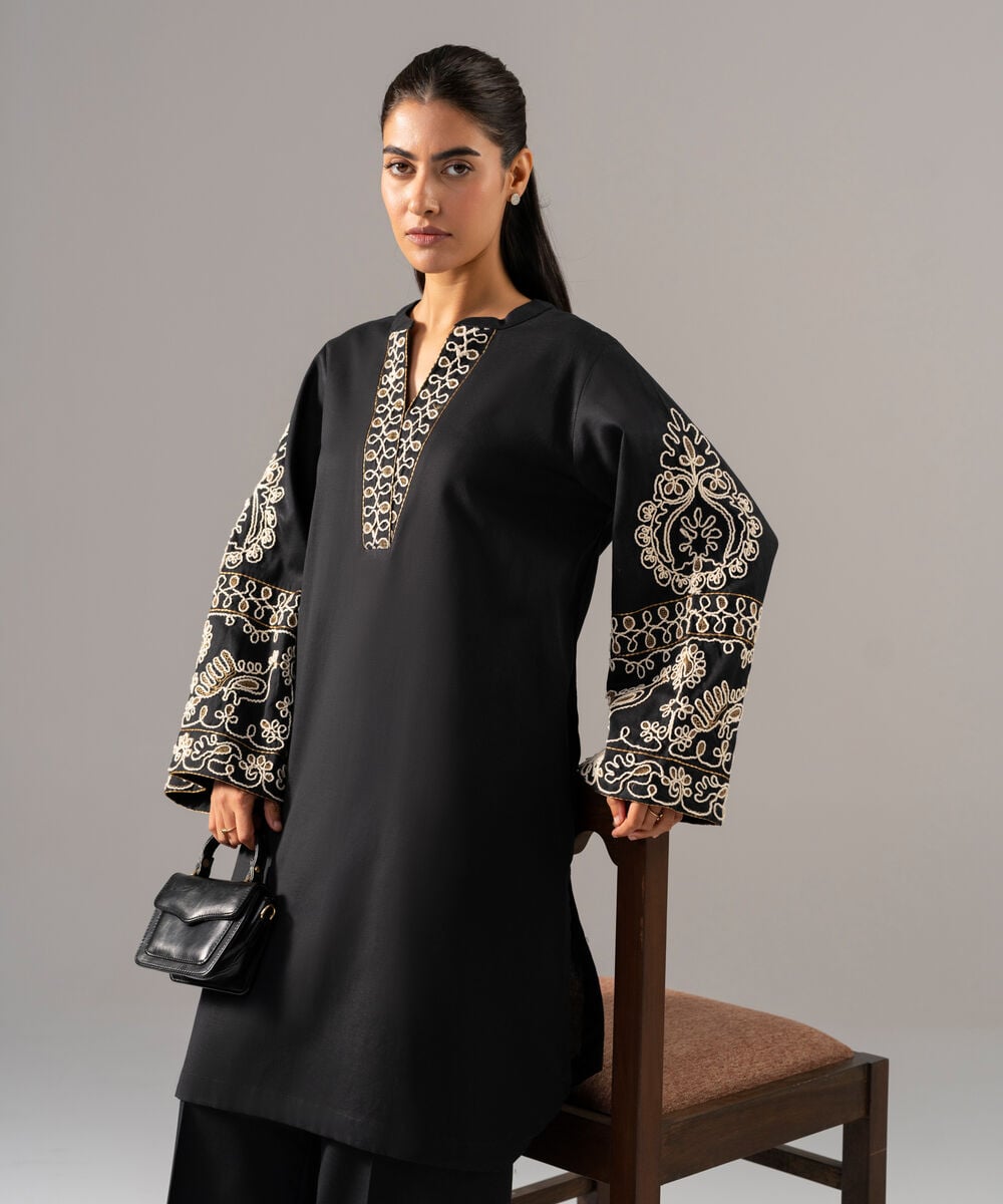 Women's RTW Cotton Linen Embroidered Black 2 Piece Suit