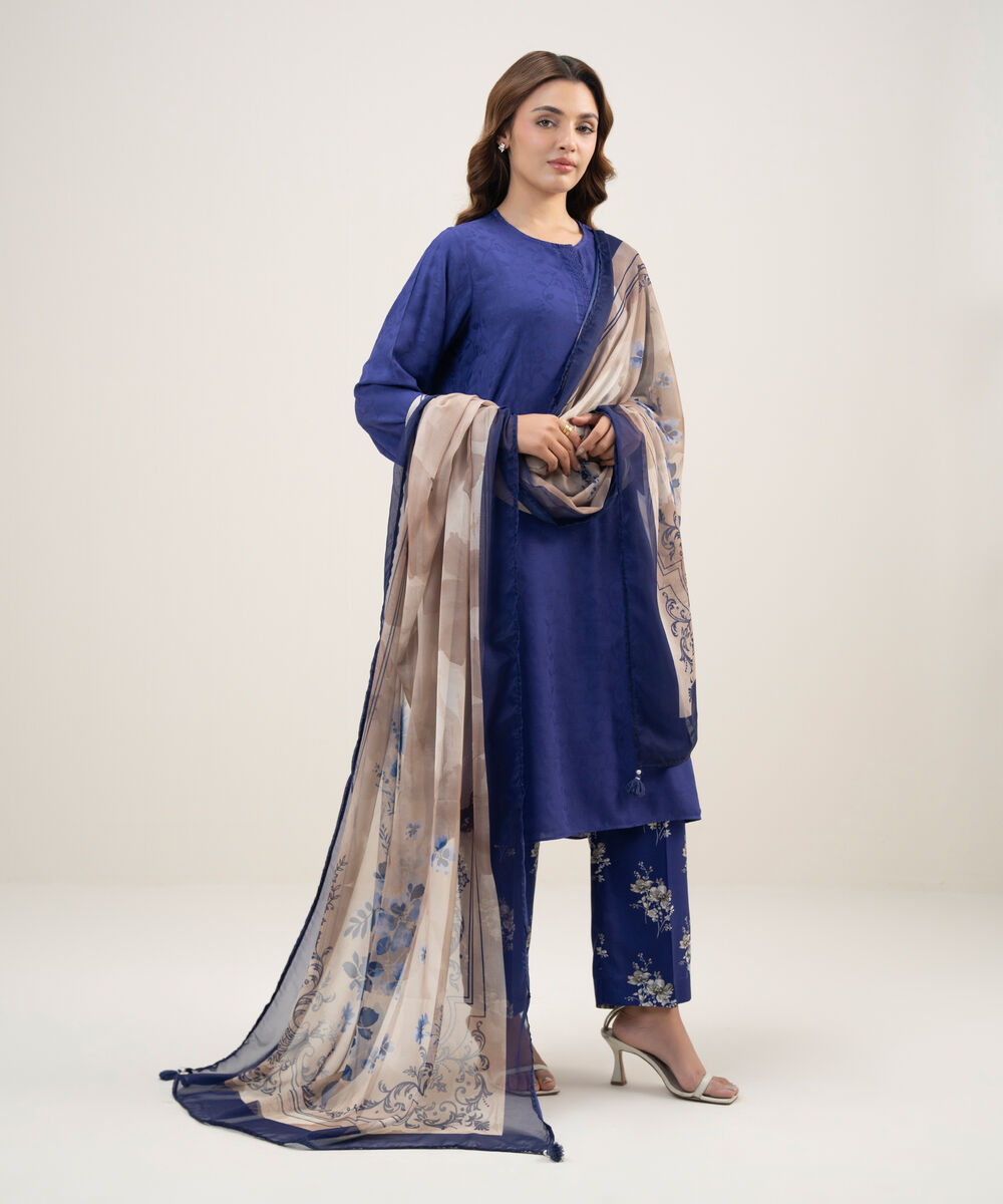 Women's RTW Arabic Self Jacquard Solid Dark Blue Straight Shirt