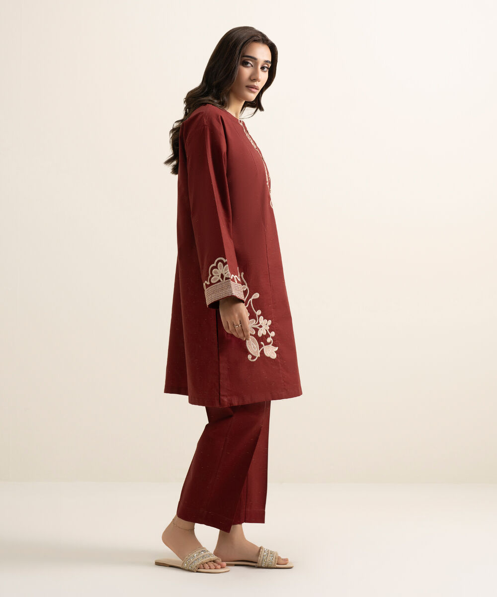 Women's RTW Multi Neps Embroidered Maroon Boxy Shirt