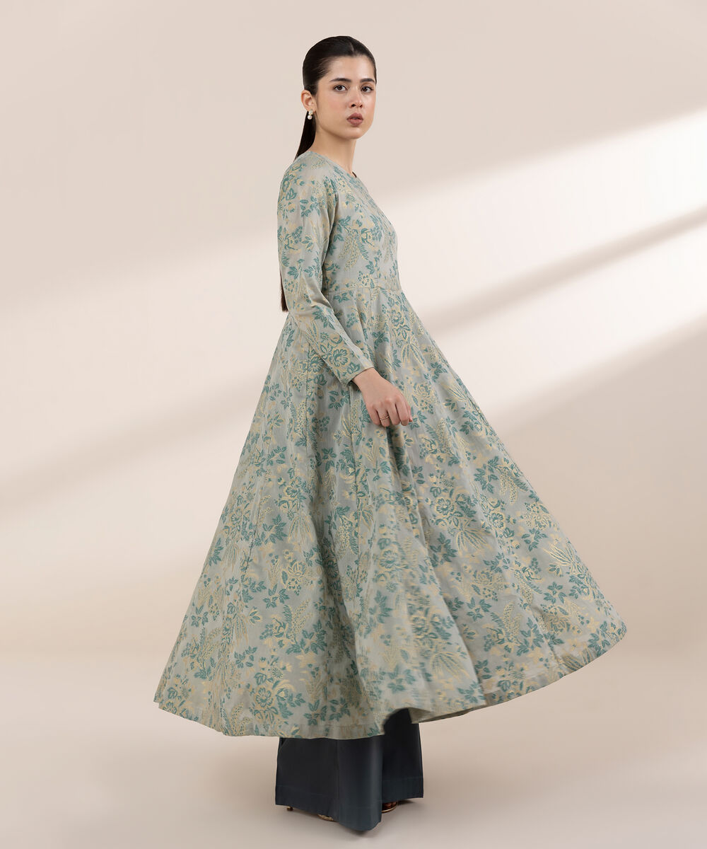 Women's RTW Extra Weft Jacquard Green Solid Peshwas